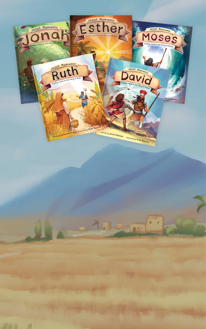 Graphic with a background of a mountain and palm trees with books from the Jesus Moments series overlaying it