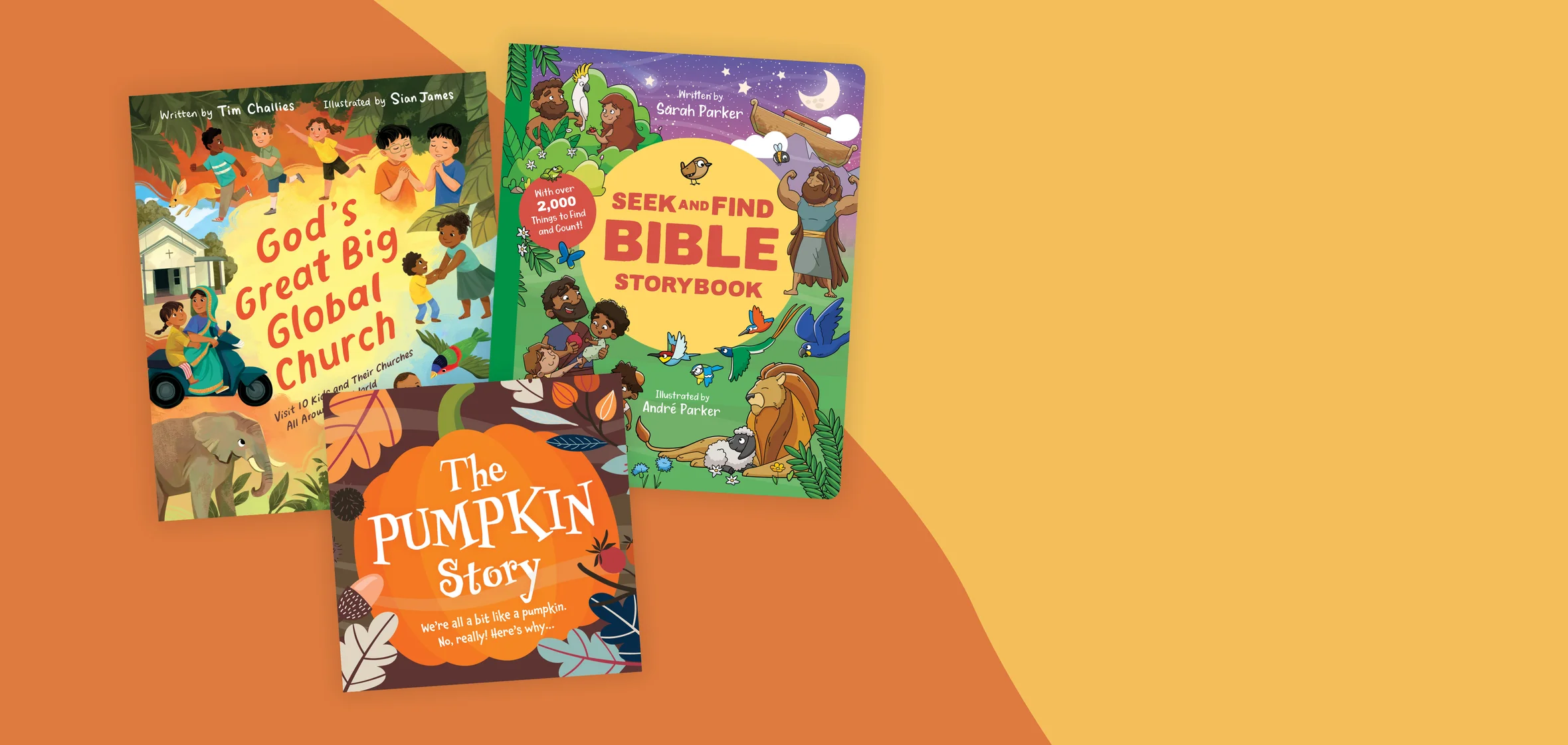 Graphic that features God's Great Big Global Church, Seek and Find Bible, and The Pumpkin Story