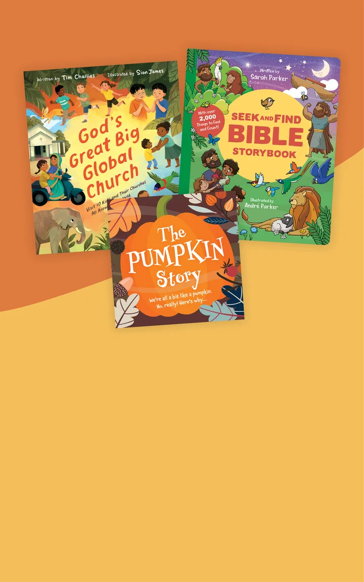 Graphic that features God's Great Big Global Church, Seek and Find Bible, and The Pumpkin Story