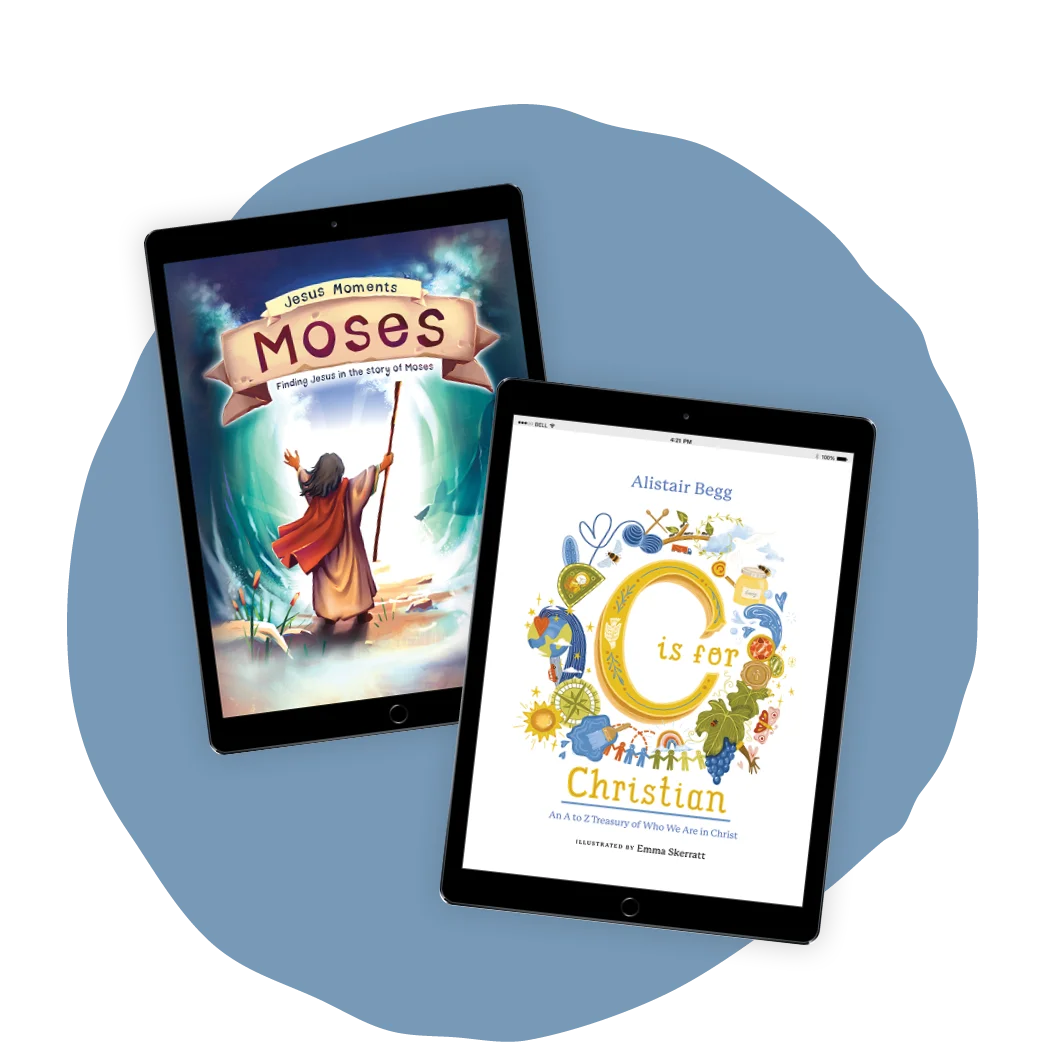 Graphic that features children's book illustrations on tablets