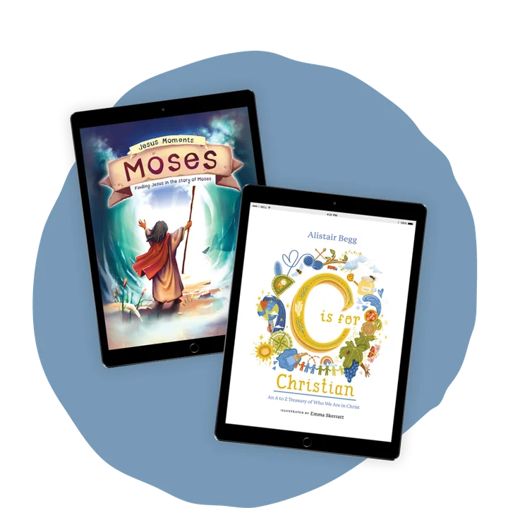 Graphic that features children's book illustrations on tablets