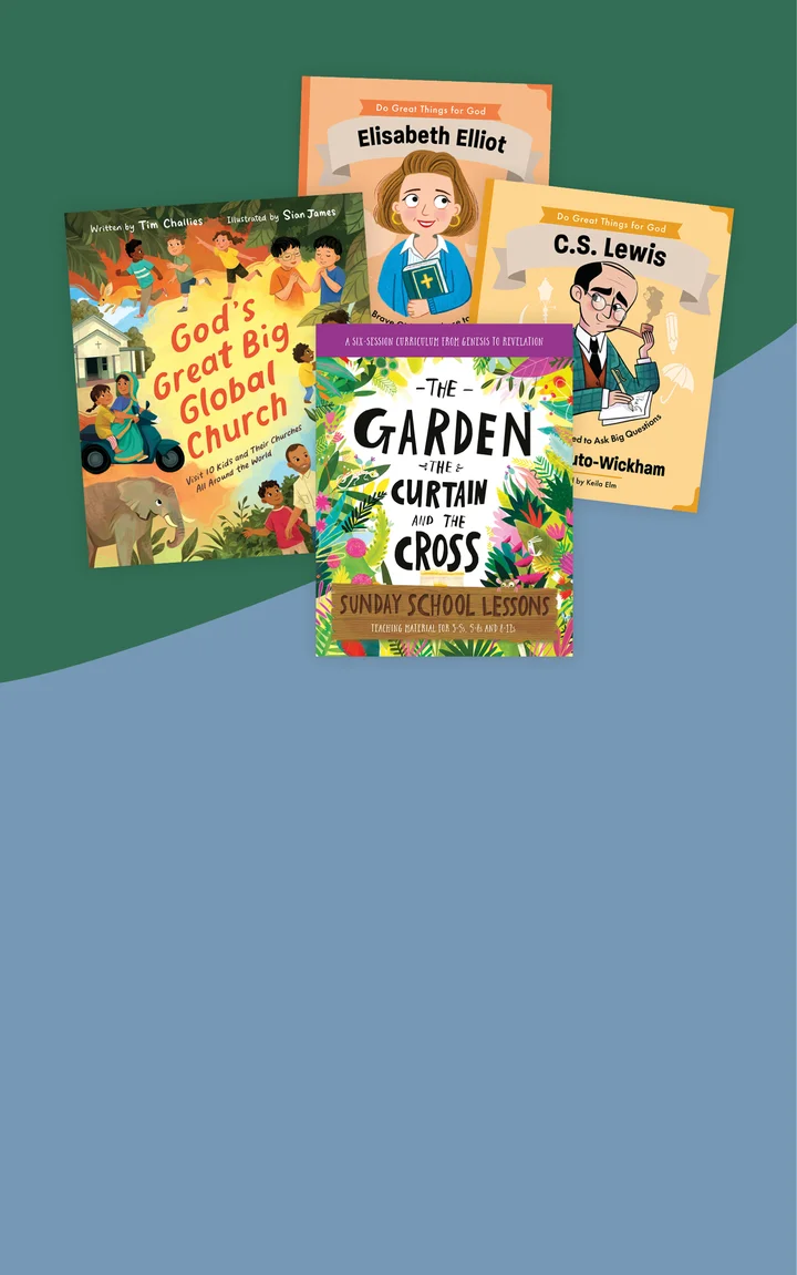 Graphic that features The Garden the Curtain and the Cross Sunday School Lessons, God's Great Big Global Church and other resources