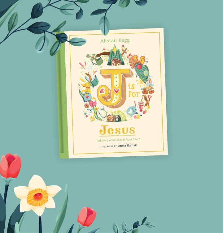 Graphic featuring J is for Jesus with floral and greenery decoration
