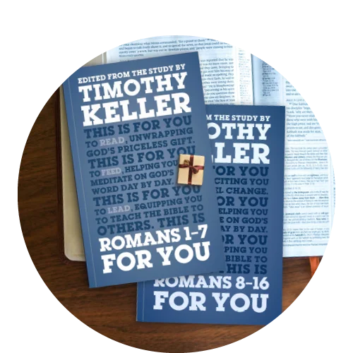 Photograph of Timothy Keller's bestselling books Romans 1-7 For You and Romans 8-16 For You