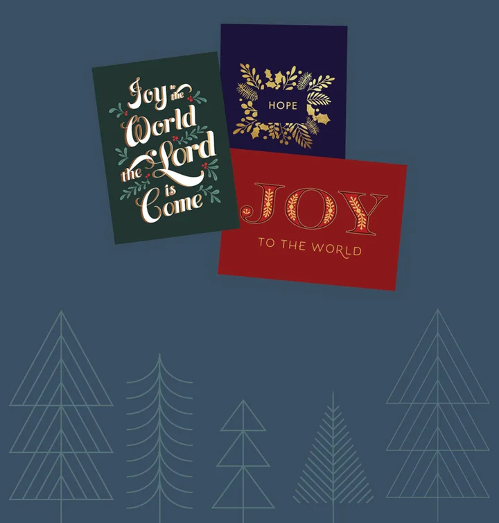 image of 3 different christmas cards, once that says "Joy", another says "Hope", and another that says "Joy to the World, the Lord is come". They are in different styles and different colors.