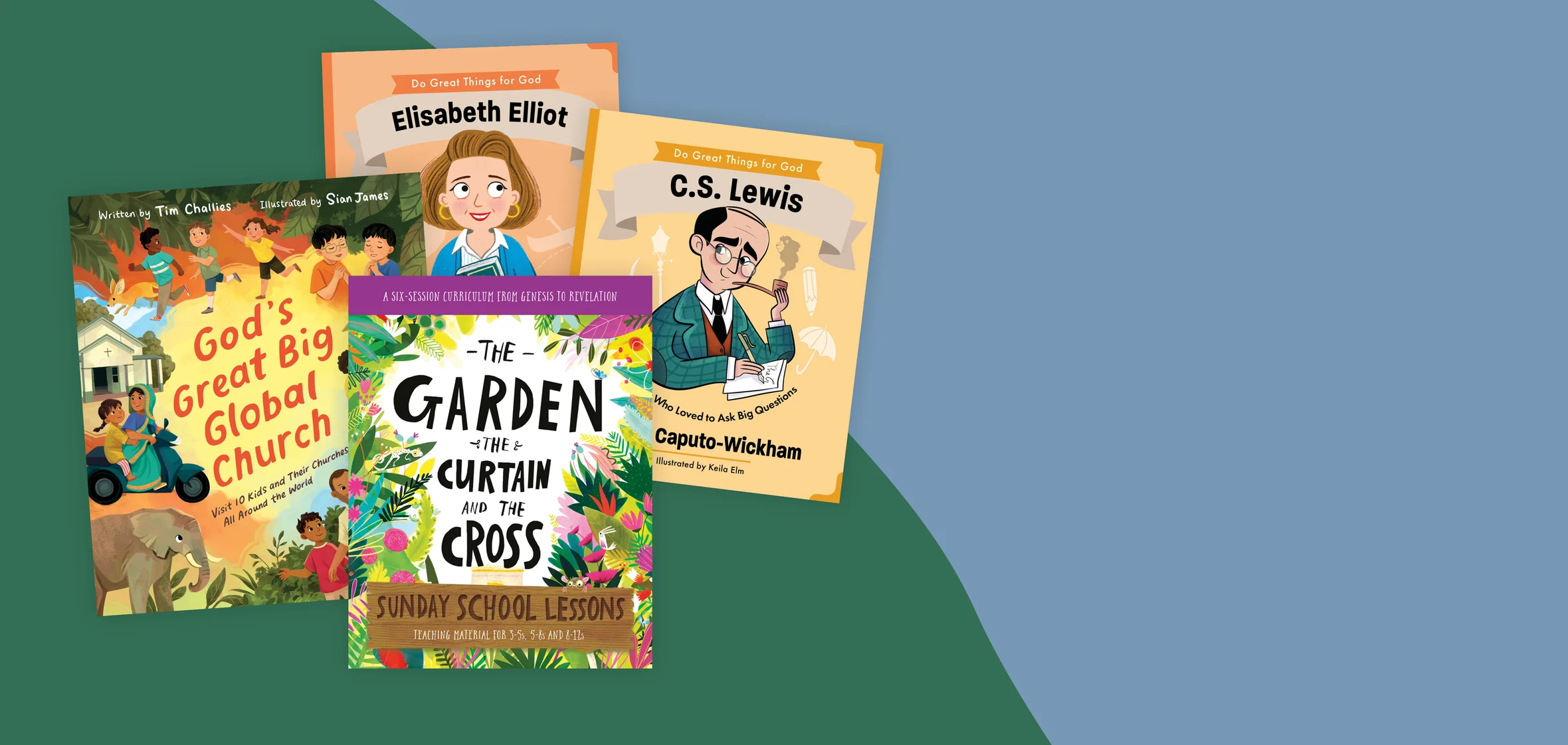 Graphic that features The Garden the Curtain and the Cross Sunday School Lessons, God's Great Big Global Church and other resources