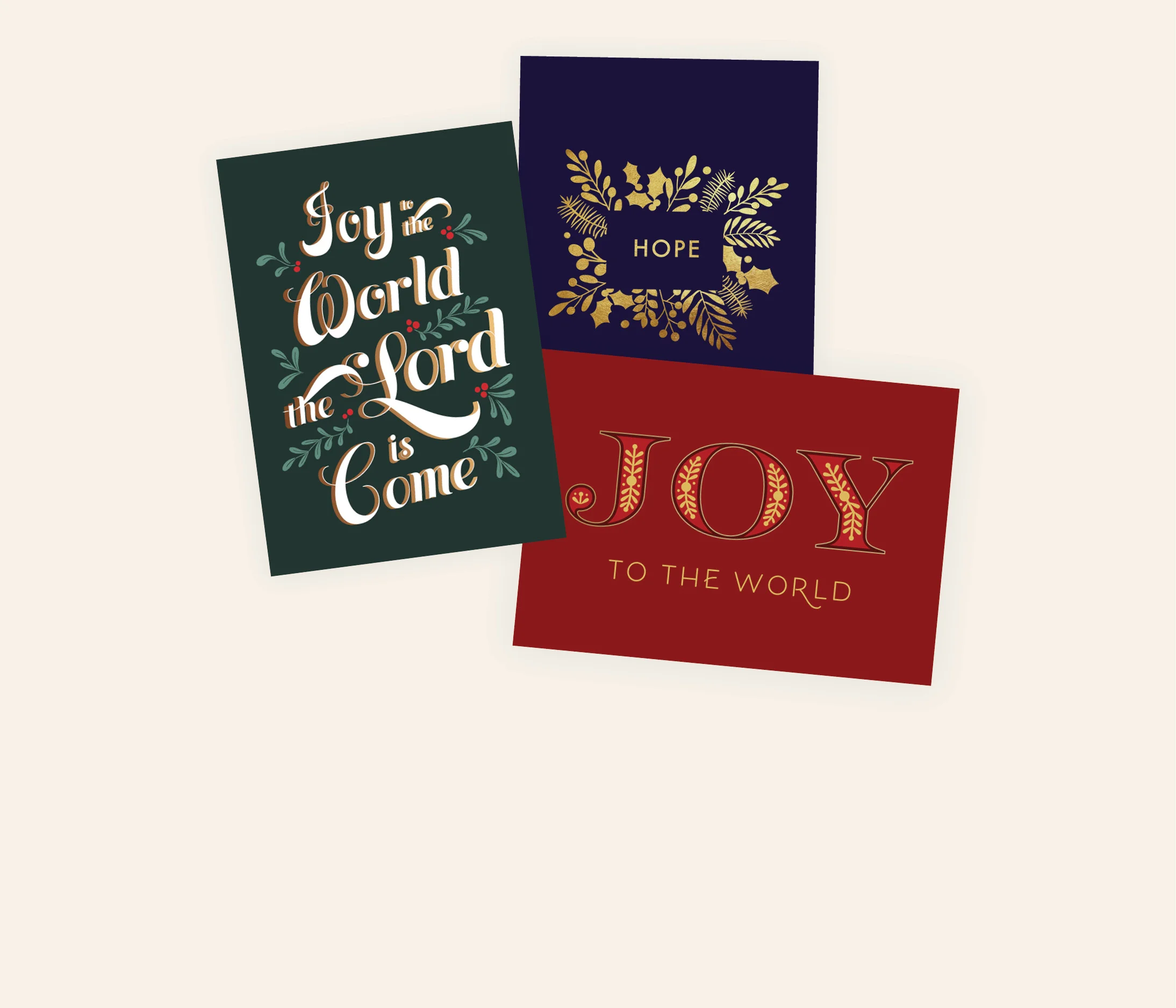 image of 3 different christmas cards, once that says "Joy", another says "Hope", and another that says "Joy to the World, the Lord is come". They are in different styles and different colors.