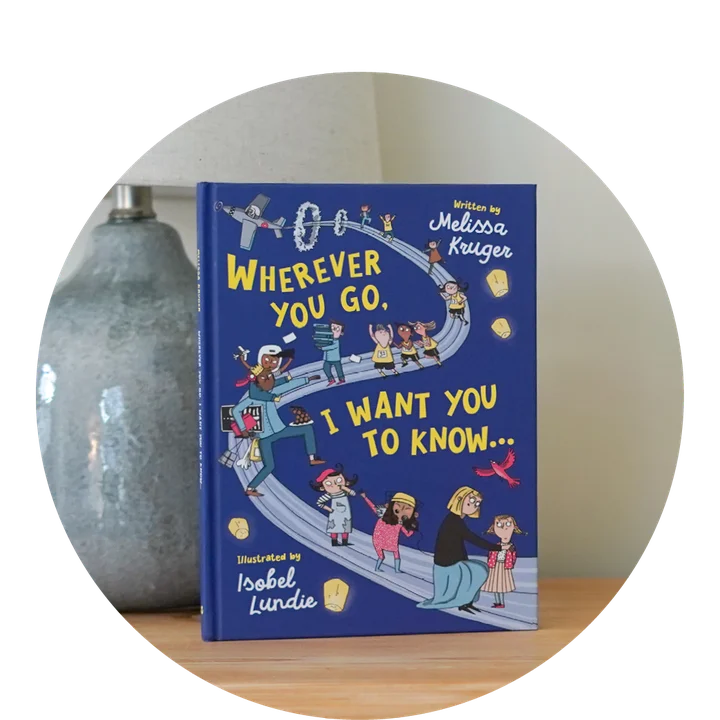 photograph of Wherever You Go, I Want You to Know propped up on a wooden table near a ceramic lamp