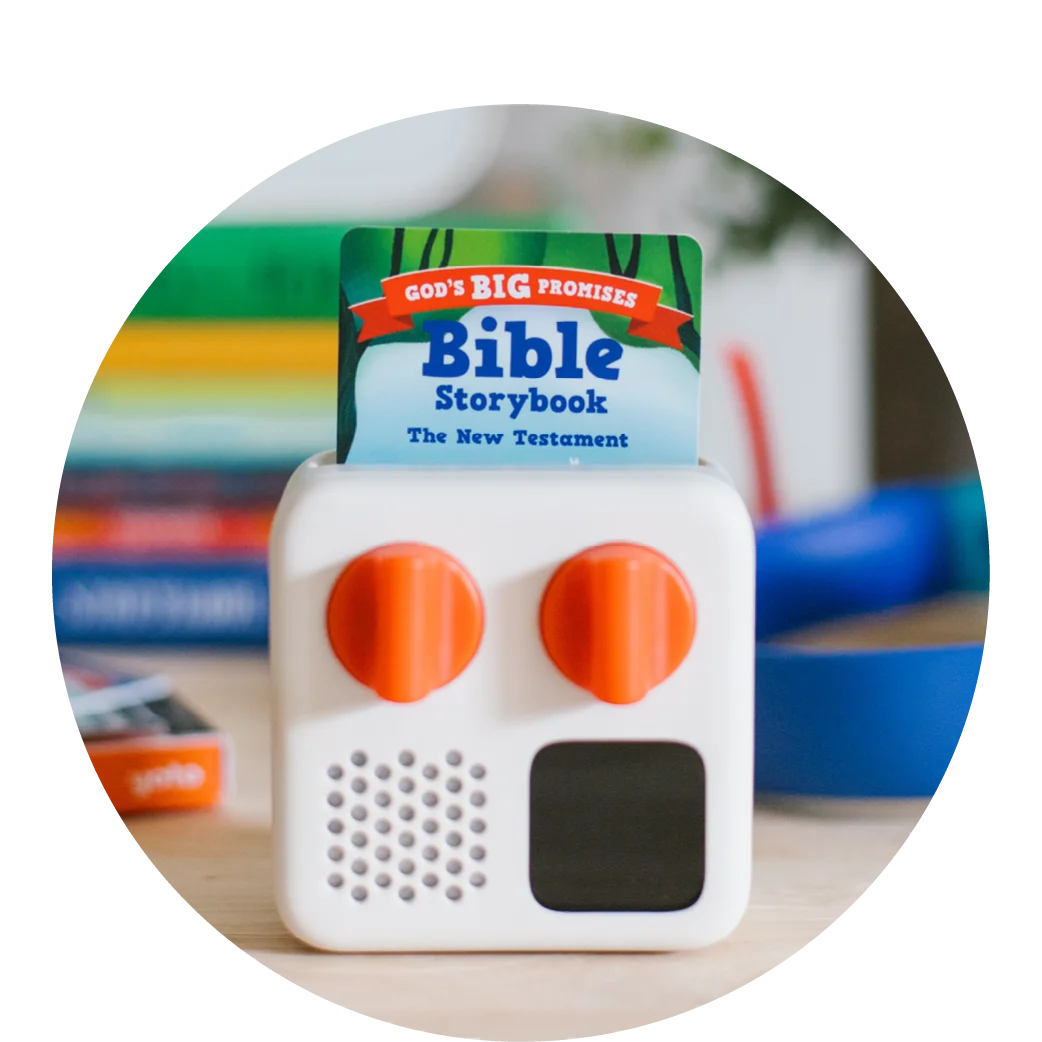 photograph of a Yoto Mini Player with a God's Big Promises Bible Storybook The New Testament Yoto card inserted