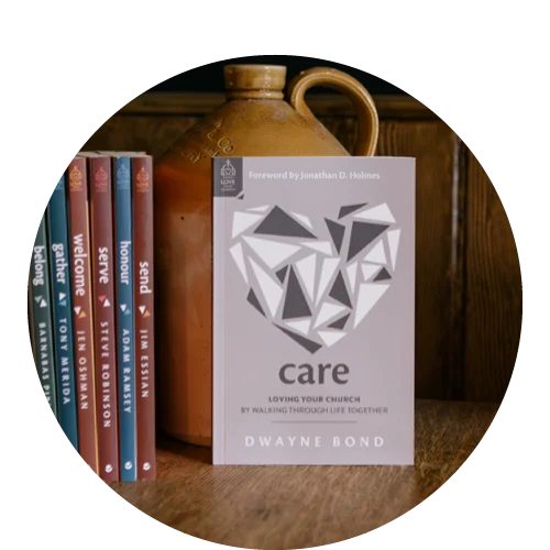 a photograph of Care from the Love Your Church Series next to a vertical stack of other books in the series