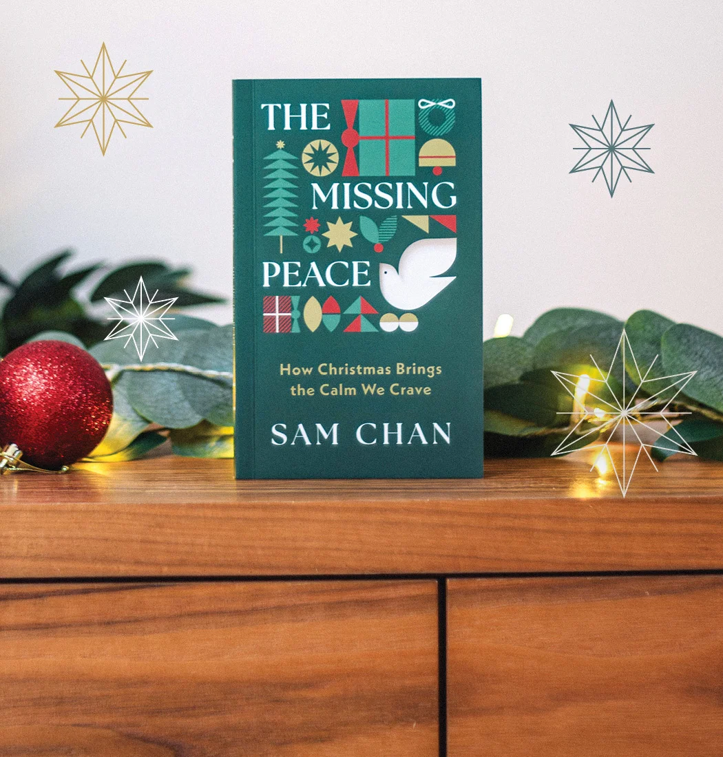 Photograph of The Missing Peace surrounded by Christmas decorations