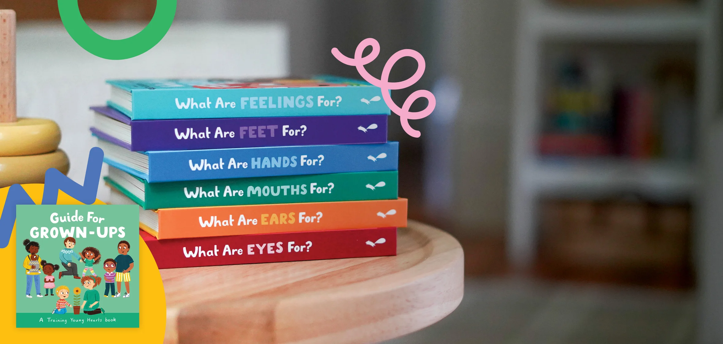 photograph of the board books in the Training Young Hearts Series with a roundel showing the Guide for Grown-up
