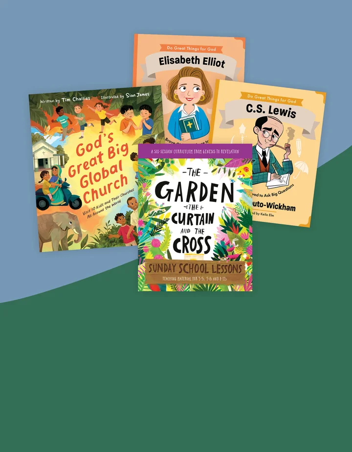 Graphic featuring resources like The Garden, the Curtain and the Cross Sunday School curriculum