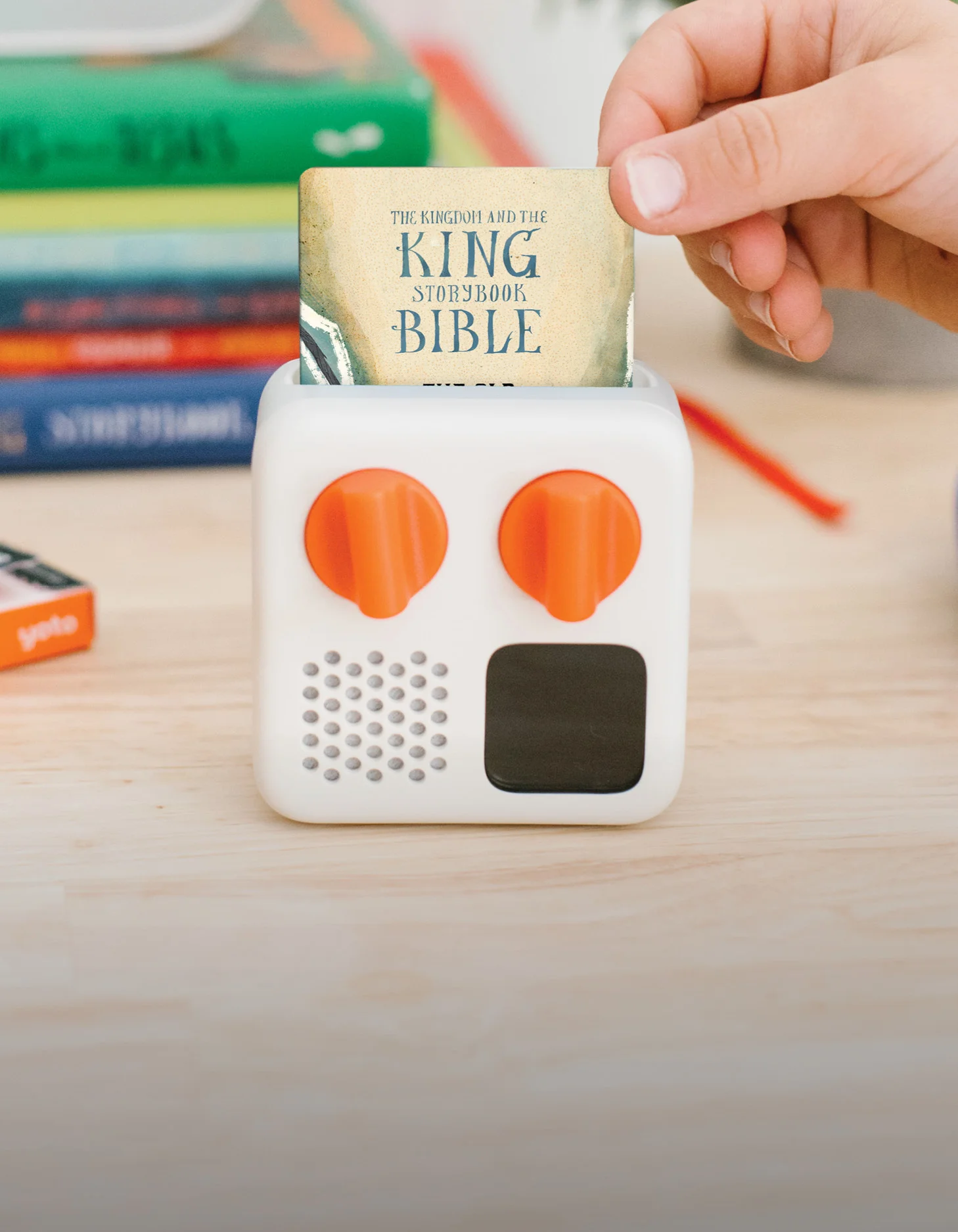 photograph of a yoto mini with The Kingdom and the King Storybook Bible card